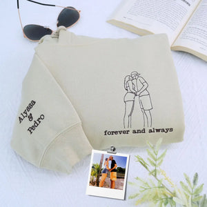 Custom embroidered portrait hoodie with names, personalized anniversary gift for couples in soft neutral fabric