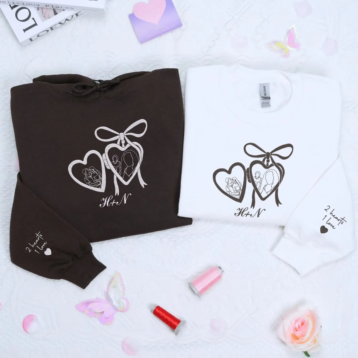 Custom embroidered portrait hoodie with initials on chest, personalized anniversary sweatshirt gift for her