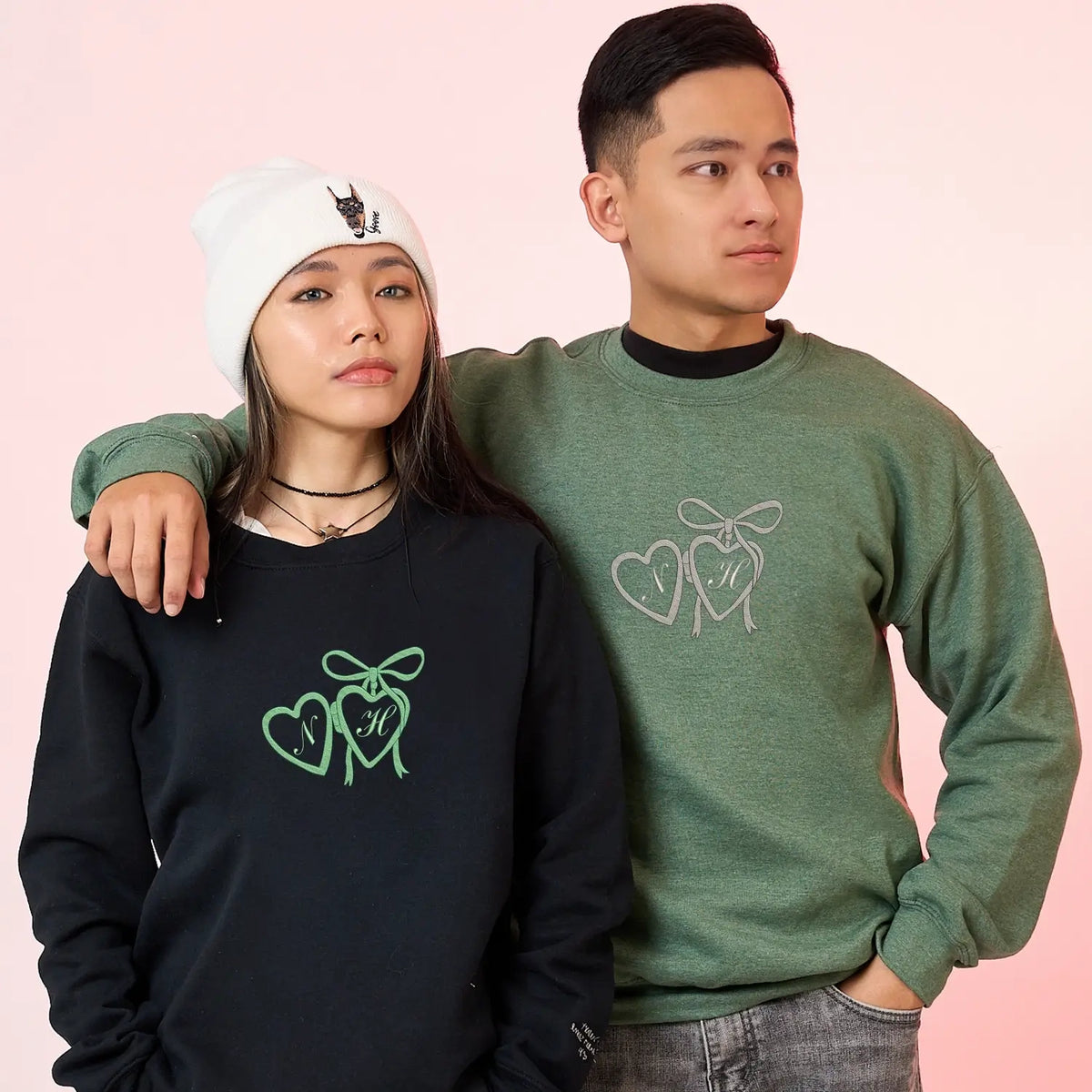 Custom embroidered portrait hoodie with initials on chest, personalized anniversary sweatshirt gift for her