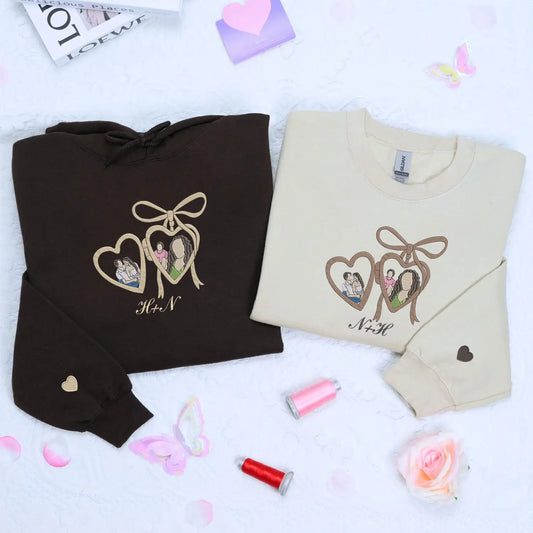 Custom embroidered portrait hoodie with initials on chest, personalized anniversary sweatshirt gift for her