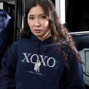 Custom embroidered portrait sweatshirt with floral XOXO design made from couple photo