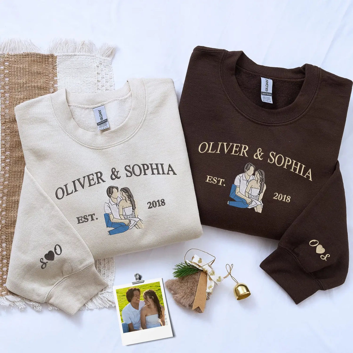 Custom embroidered portrait hoodie with names, personalized anniversary gift for couples in soft neutral fabric