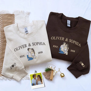 Custom embroidered portrait hoodie with names, personalized anniversary gift for couples in soft neutral fabric