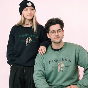 Custom embroidered portrait hoodie with names, personalized anniversary gift for couples in soft neutral fabric