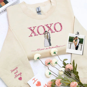Custom embroidered portrait sweatshirt with floral XOXO design made from couple photo