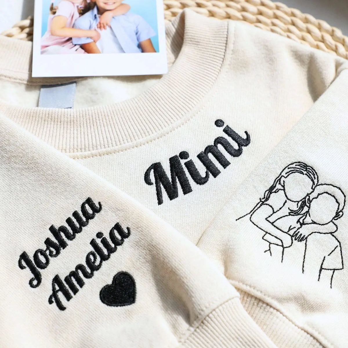 Custom embroidered mama sweatshirt with portrait photo stitched on sleeve and personalized neckline title