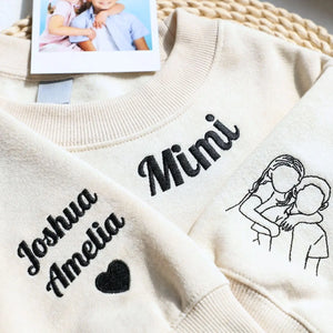 Custom embroidered mama sweatshirt with portrait photo stitched on sleeve and personalized neckline title