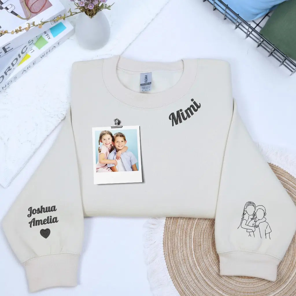 Custom embroidered mama sweatshirt with portrait photo stitched on sleeve and personalized neckline title