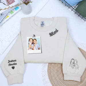 Custom embroidered mama sweatshirt with portrait photo stitched on sleeve and personalized neckline title