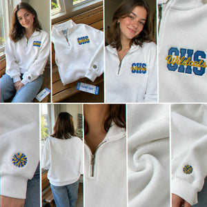 Custom Game Day School Spirit Quarter Zip Sweatshirt, Embroidered Varsity Team Name Pullover