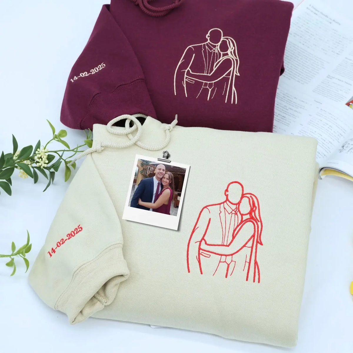 Custom embroidered soulmate portrait hoodie featuring a minimalist line art couple design on a soft premium sweatshirt