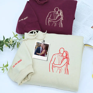 Custom embroidered soulmate portrait hoodie featuring a minimalist line art couple design on a soft premium sweatshirt