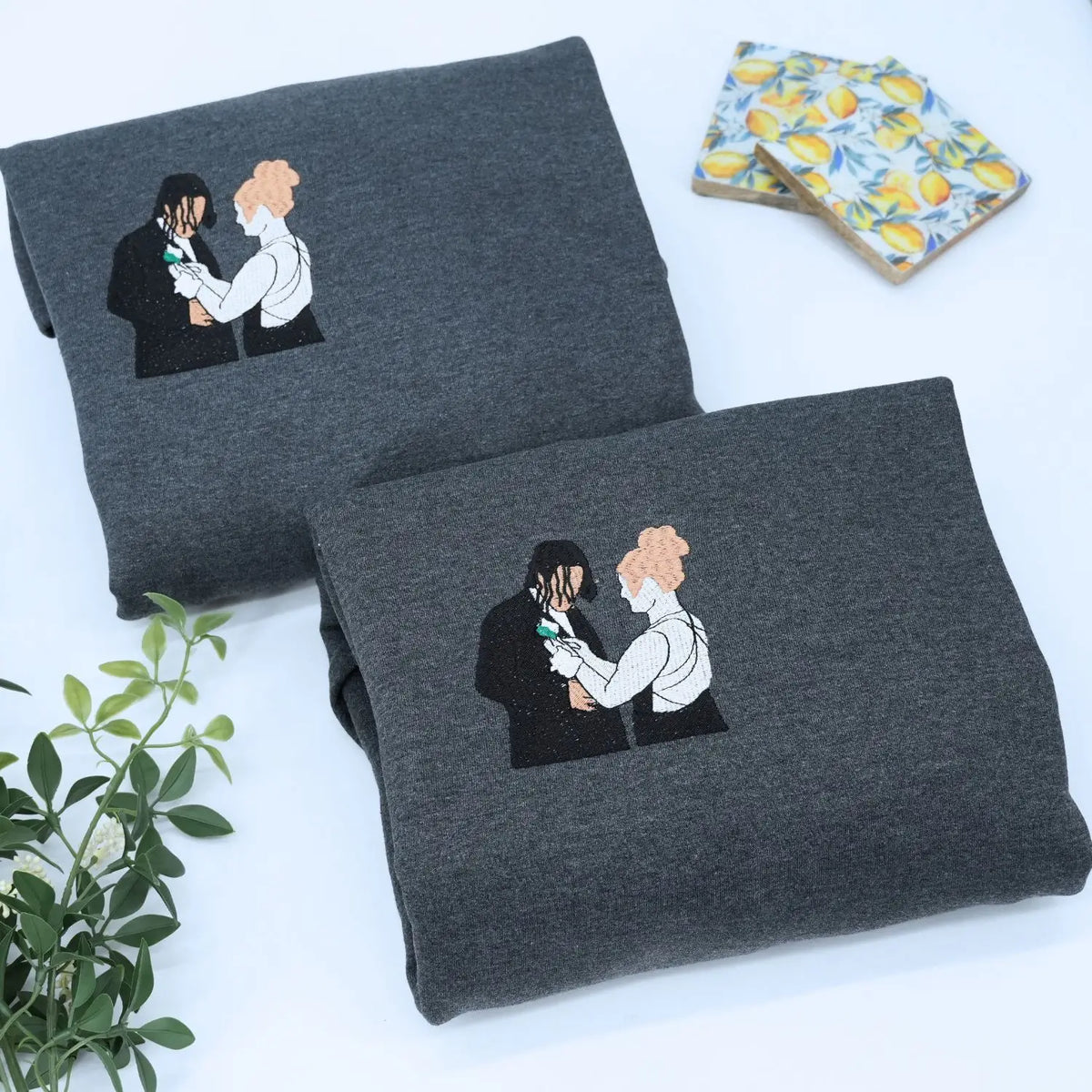 Custom embroidered soulmate portrait hoodie featuring a minimalist line art couple design on a soft premium sweatshirt