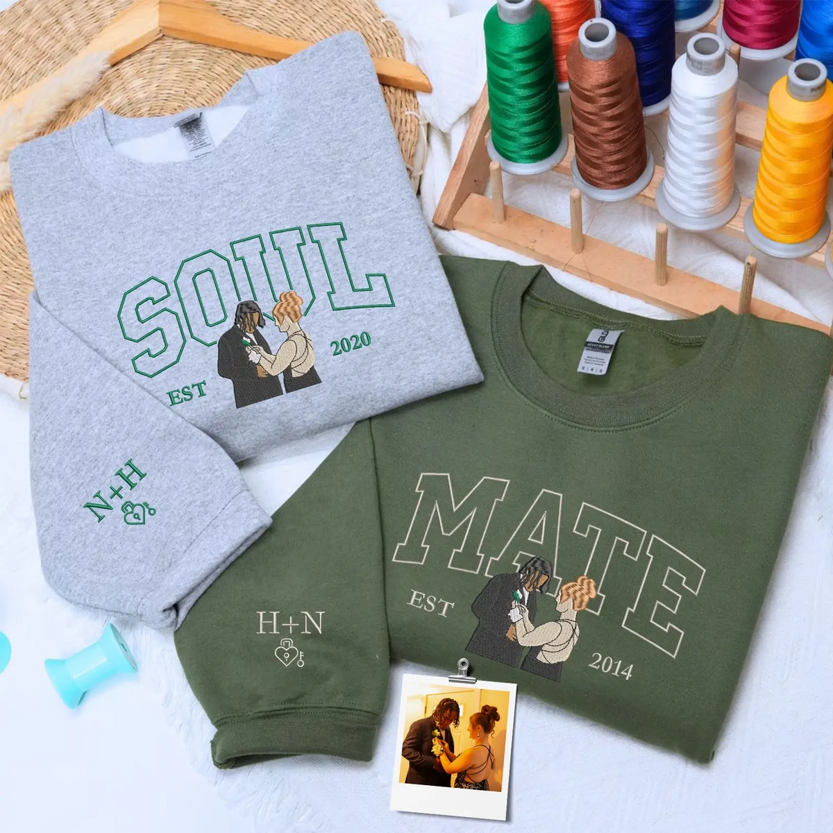 Custom embroidered soulmate portrait hoodie featuring a minimalist line art couple design on a soft premium sweatshirt