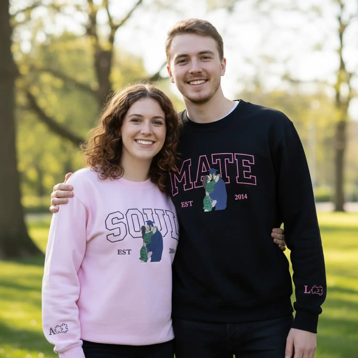 Custom embroidered soulmate portrait hoodie featuring a minimalist line art couple design on a soft premium sweatshirt