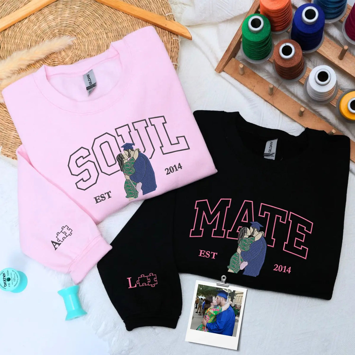 Custom embroidered soulmate portrait hoodie featuring a minimalist line art couple design on a soft premium sweatshirt