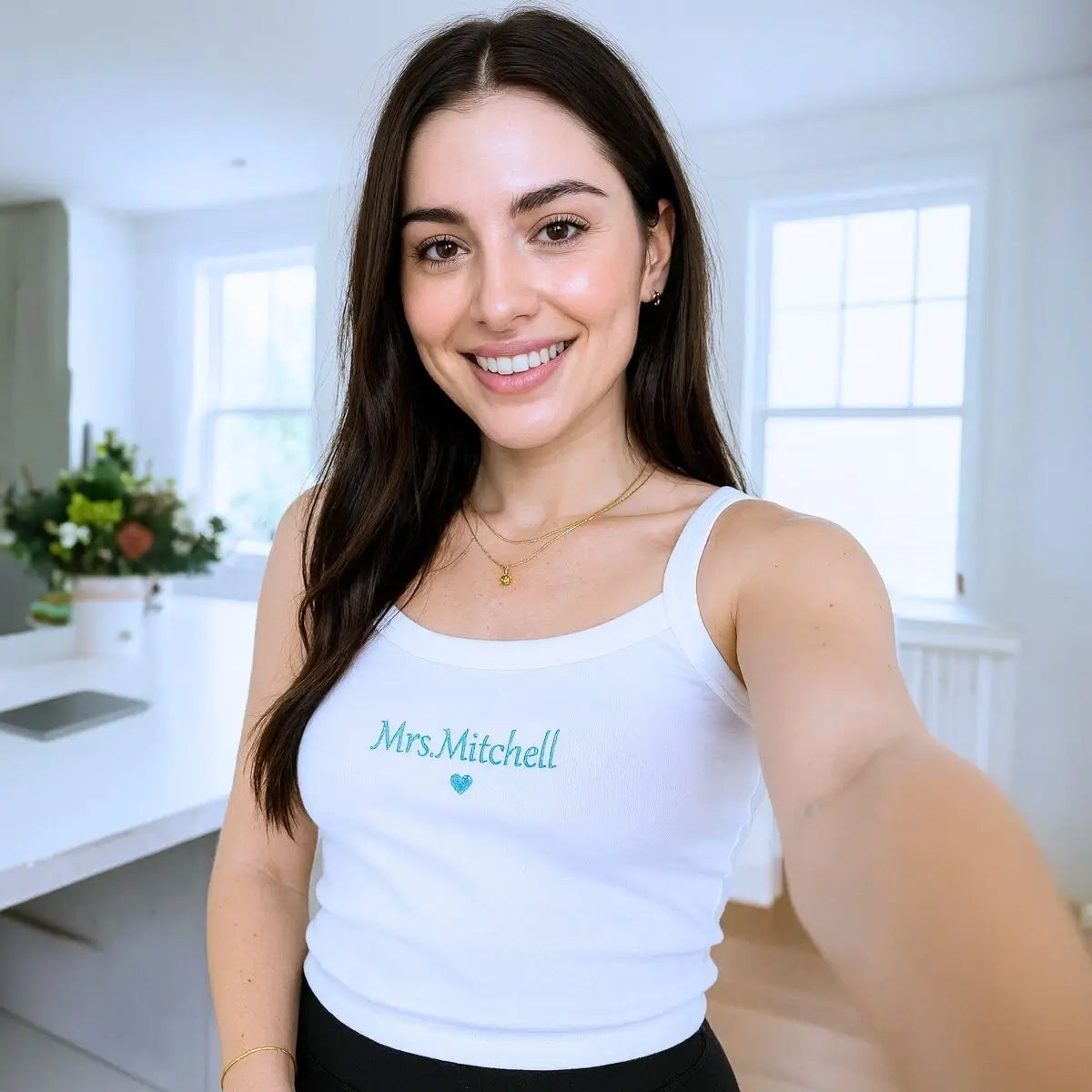 Custom embroidered text spaghetti strap tank top with personalized name in soft summer fabric