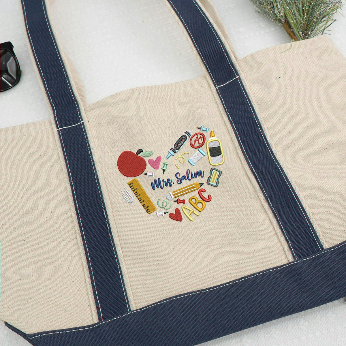 Personalized Back to School Tote Bag for Teacher - Embroidered Name Apple Pencil Icon