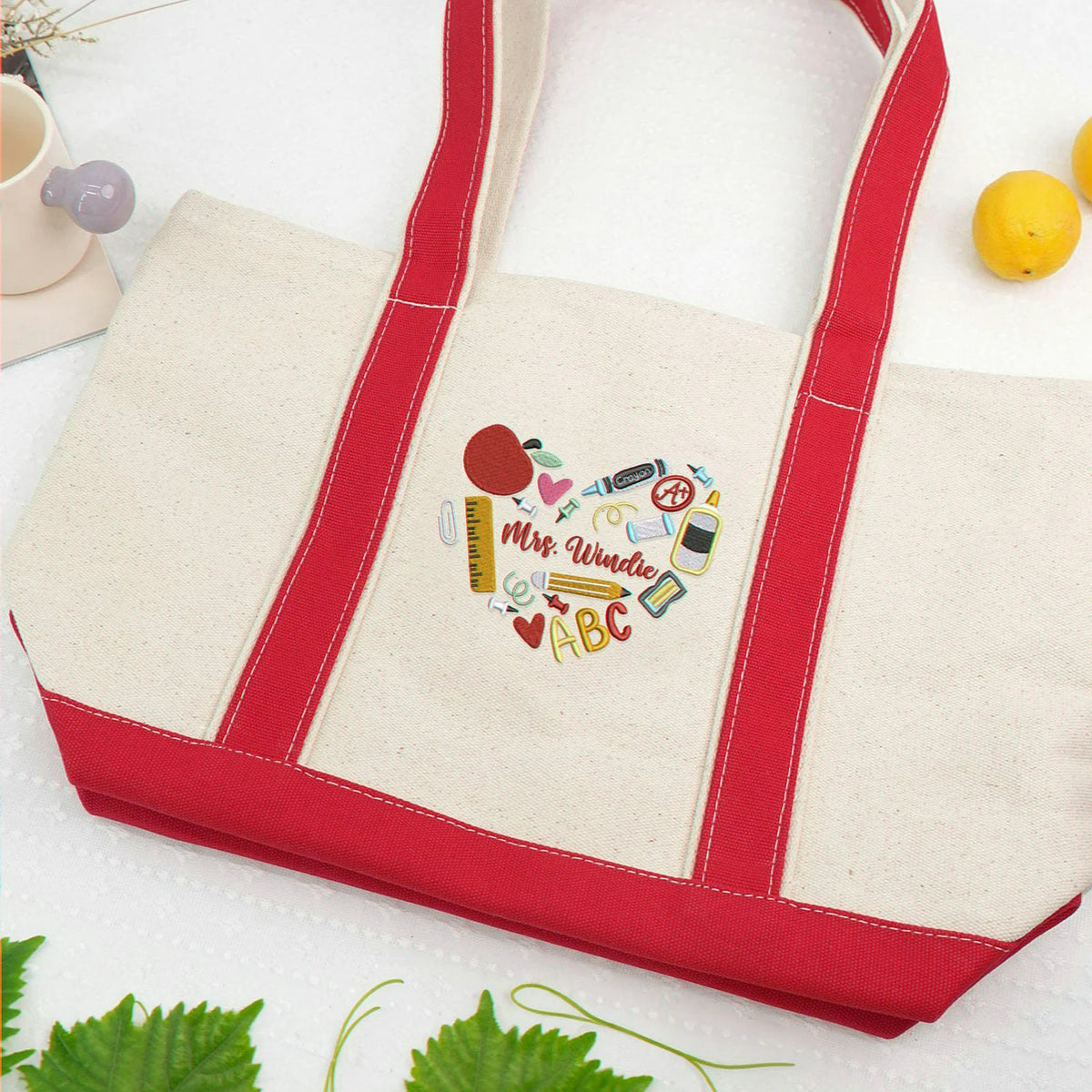 Personalized Back to School Tote Bag for Teacher - Embroidered Name Apple Pencil Icon