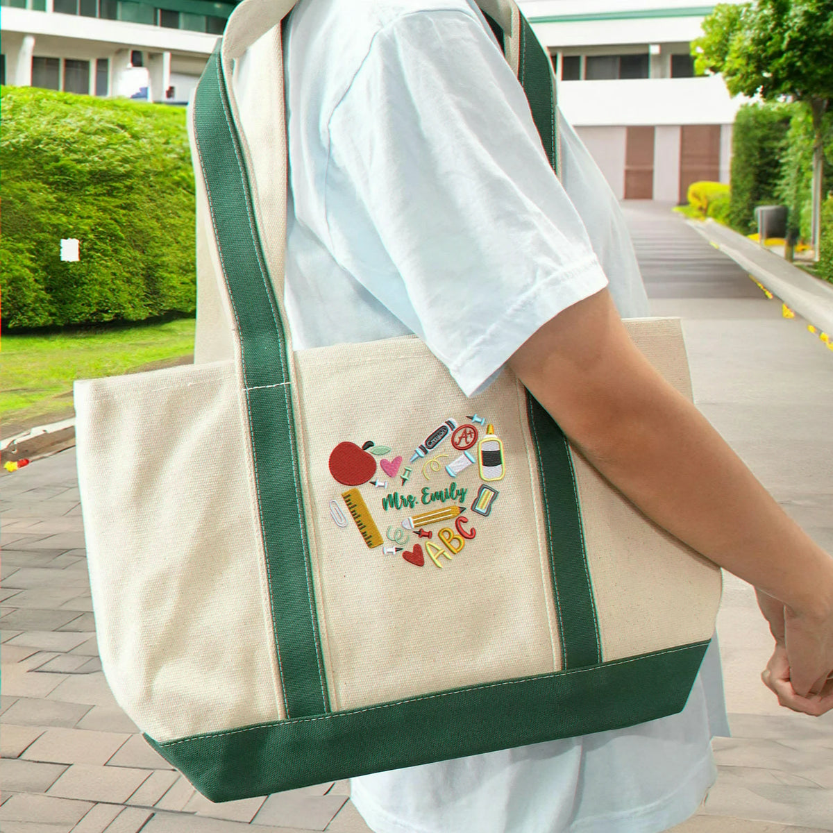 Personalized Back to School Tote Bag for Teacher - Embroidered Name Apple Pencil Icon