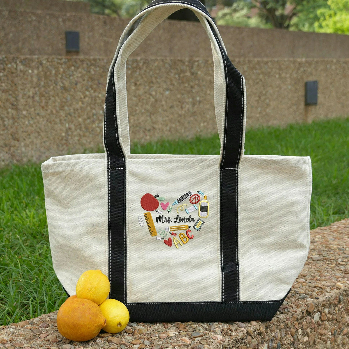 Personalized Back to School Tote Bag for Teacher - Embroidered Name Apple Pencil Icon