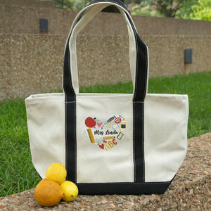 Personalized Back to School Tote Bag for Teacher - Embroidered Name Apple Pencil Icon