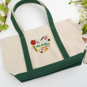 Personalized Back to School Tote Bag for Teacher - Embroidered Name Apple Pencil Icon
