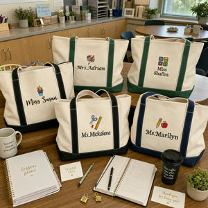 Embroidered Teacher Team Tote Bags - Personalized Names School Theme Icons