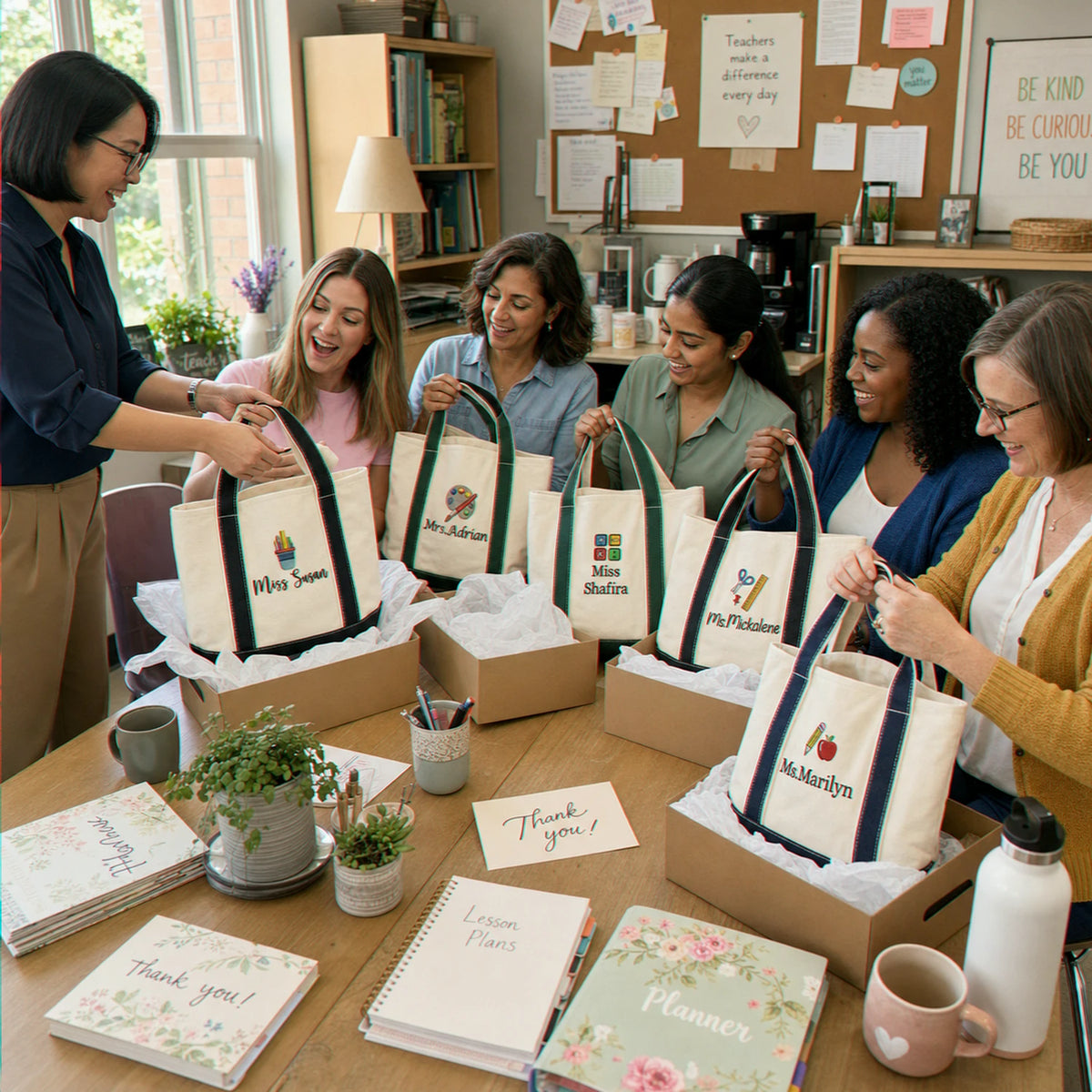 Embroidered Teacher Team Tote Bags - Personalized Names School Theme Icons
