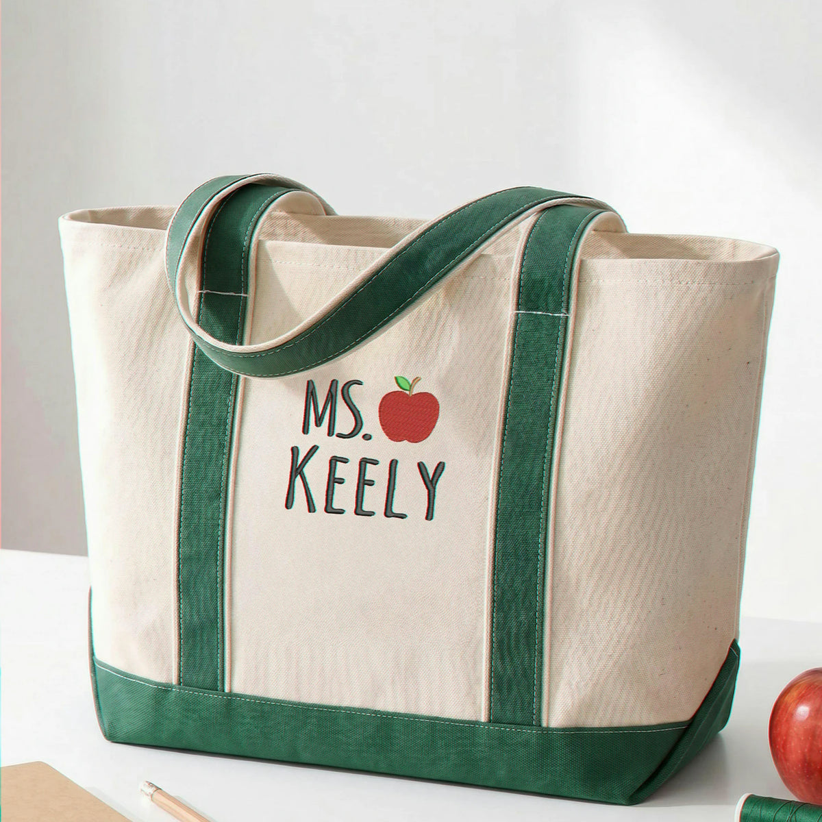 Personalized Apple Teacher Name Embroidered Tote Bag - Becoming a Teacher Gift