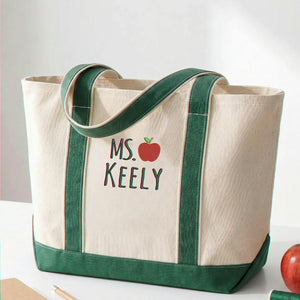 Personalized Apple Teacher Name Embroidered Tote Bag - Becoming a Teacher Gift