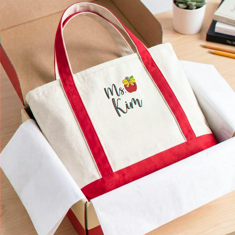 Personalized Apple Teacher Name Embroidered Tote Bag - Becoming a Teacher Gift