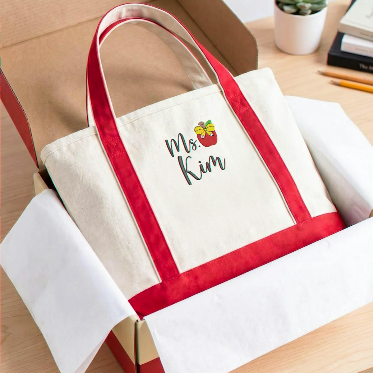 Personalized Apple Teacher Name Embroidered Tote Bag - Becoming a Teacher Gift