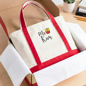 Personalized Apple Teacher Name Embroidered Tote Bag - Becoming a Teacher Gift