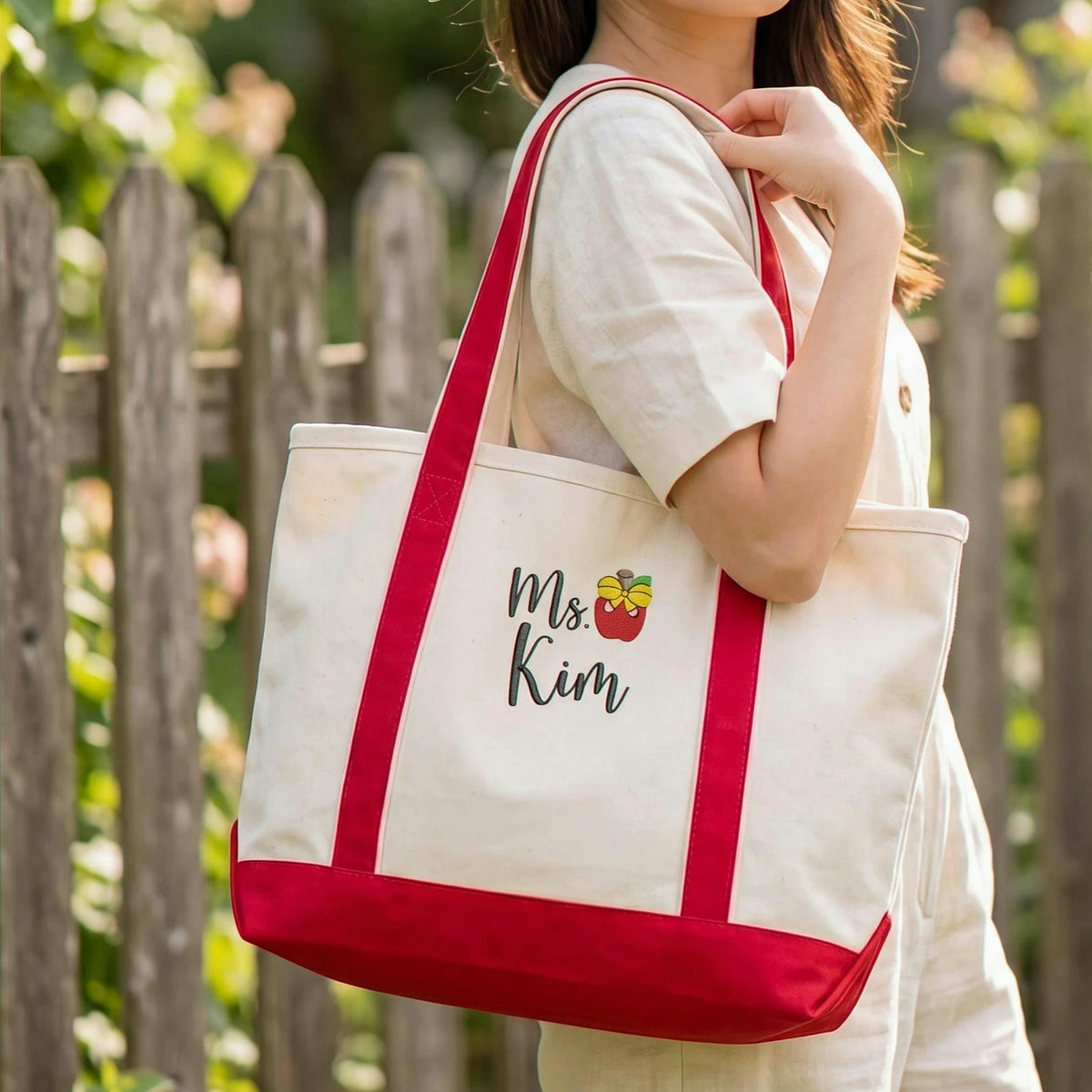 Personalized Apple Teacher Name Embroidered Tote Bag - Becoming a Teacher Gift