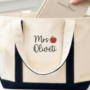 Personalized Apple Teacher Name Embroidered Tote Bag - Becoming a Teacher Gift