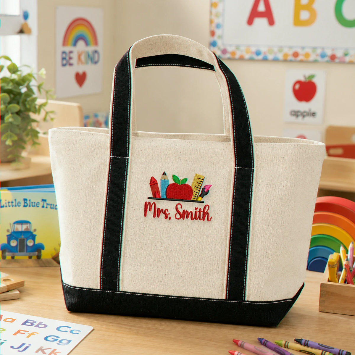 Personalized Pre-K Teacher Name Embroidered Tote Bag with Classroom Icons
