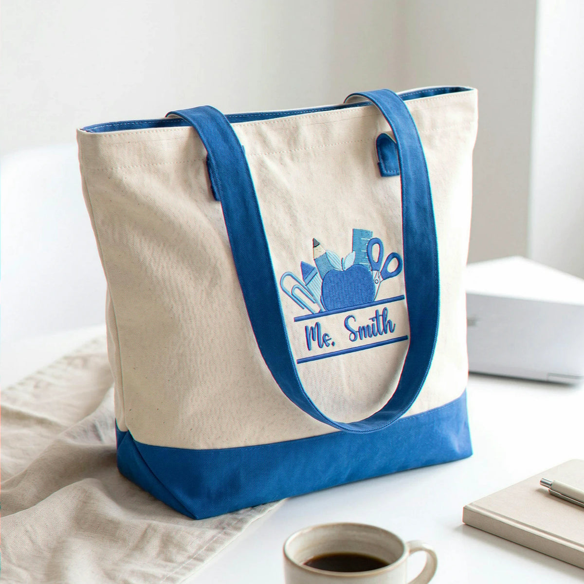 Personalized Teacher Canvas Zippered Bag for Mom - Embroidered Name & School Supplies - Teacher Appreciation Gift