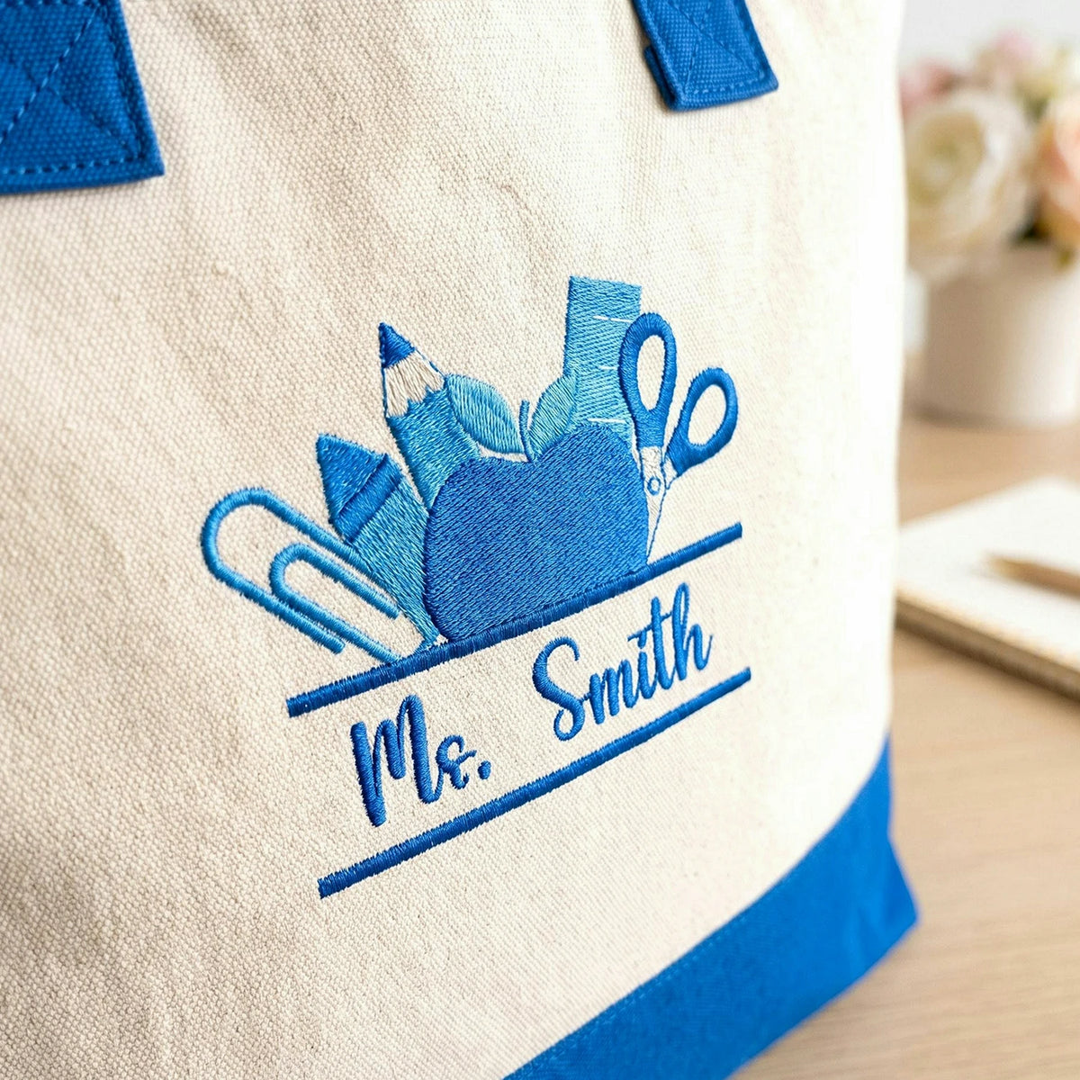 Personalized Teacher Canvas Zippered Bag for Mom - Embroidered Name & School Supplies - Teacher Appreciation Gift