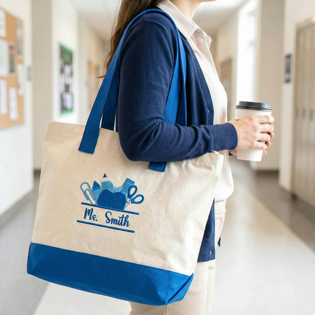 Personalized Teacher Canvas Zippered Bag for Mom - Embroidered Name & School Supplies - Teacher Appreciation Gift