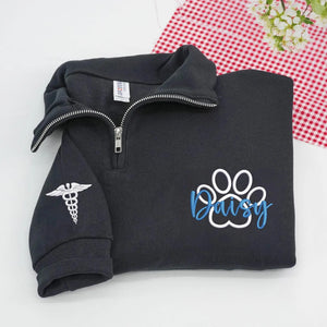 Personalized Paw Print Vet Medicine Quarter Zip, Custom Name Veterinary Pullover, Staff Appreciation Gift Idea