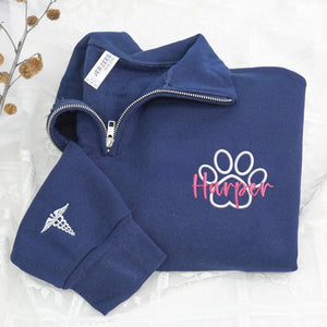 Personalized Paw Print Vet Medicine Quarter Zip, Custom Name Veterinary Pullover, Staff Appreciation Gift Idea