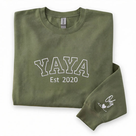 Personalized Yaya Sweatshirt Embroidered with Est Year, Grandkids Names on Sleeve