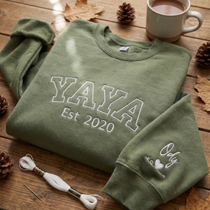 Personalized Yaya Sweatshirt Embroidered with Est Year, Grandkids Names on Sleeve