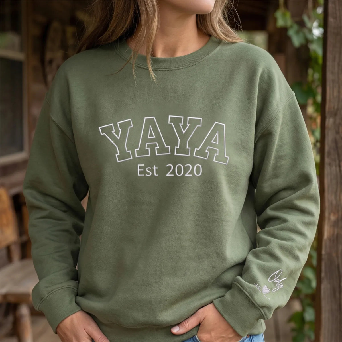 Personalized Yaya Sweatshirt Embroidered with Est Year, Grandkids Names on Sleeve