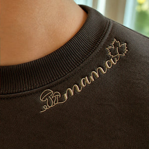 Custom Autumn Mama Sweatshirt - Embroidered Collar with Fall Icons, Cozy Season Gift for Mom Grandma Auntie