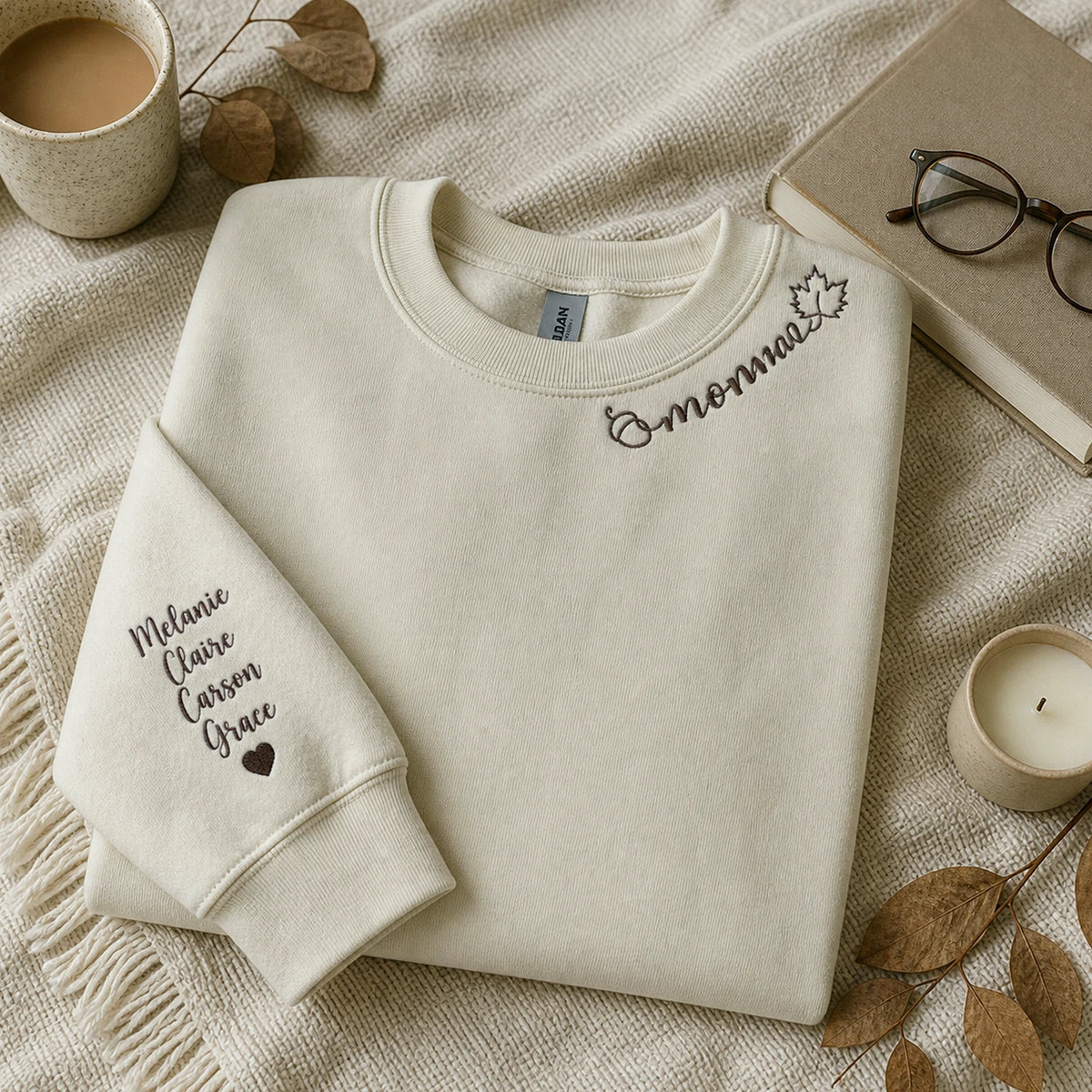 Custom Autumn Mama Sweatshirt - Embroidered Collar with Fall Icons, Cozy Season Gift for Mom Grandma Auntie