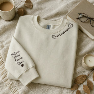 Custom Autumn Mama Sweatshirt - Embroidered Collar with Fall Icons, Cozy Season Gift for Mom Grandma Auntie