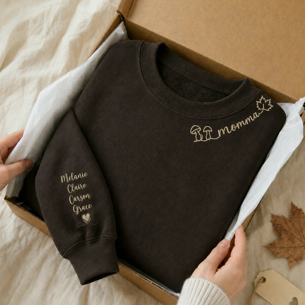 Custom Autumn Mama Sweatshirt - Embroidered Collar with Fall Icons, Cozy Season Gift for Mom Grandma Auntie