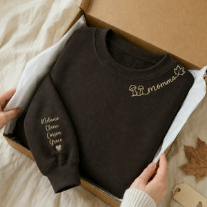 Custom Autumn Mama Sweatshirt - Embroidered Collar with Fall Icons, Cozy Season Gift for Mom Grandma Auntie